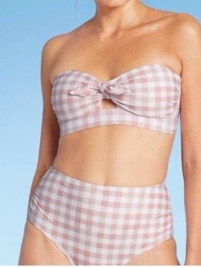 Kona Sol Pink & White Gingham High-Waist Bikini, size S/M